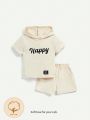 Cozy Cub Baby Boy Letter Pattern Round Neck Hooded Short Sleeve Top And Solid Color Shorts Set