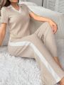 Women's Color Block Ribbed Knitting Home Wear Set