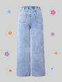 Girls' Fashionable & Comfortable Wide-leg Jeans With Flower Patchwork Embroidery For Street Chic Style