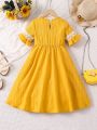 SHEIN Kids Nujoom 1pc Little Girls' Princess Style Flower Embroidered Short Sleeve Long Dress For Summer
