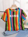 SHEIN Kids Cooltwn 1pc Youth Boy's Fashionable Color Block Stripe & Letter Printed Casual Loose-Fit Short Sleeve T-Shirt With Comfortable, Soft Fabric, Great For Vacation And Party