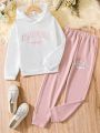 Tween Girls Letter Print Hooded Sweatshirt And Pants 2 Pieces Set For Spring/Autumn Leisure