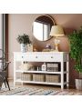 Retro Design Console Table with Two Open Shelves, Pine Solid Wood Frame and Legs for Living Room