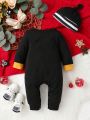 Baby Boys' Romper Jumpsuit Christmas Festival Style Long Sleeve Bodysuit With Hat, Spring And Autumn