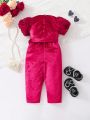 SHEIN Baby Girl'S Elegant & Romantic Short Sleeve Romper With 3d Rose Decoration, Including Belt, Suitable For Spring/Summer Parties