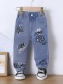 Baby Girl Floral & Letter Graphic Elastic Waist Jeans