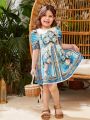 SHEIN Kids SUNSHNE Little Girls' Baroque Printed Puff Sleeve Dress