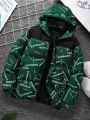 Manfinity Hypemode Men's Color Block Hooded Puffer Jacket With Letter Print, Zippered And Drawstring Design