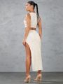 SHEIN BAE Solid Color Tight Knit Vest And High Slit Knit Bodycon Skirt Outfit For Summer Streetwear