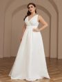 SHEIN Belle Plus Size Women's Exquisite Embroidered Lace Sequin Fabric Spliced ​​Satin V-Neck Large A Hem Elegant Wedding Dress