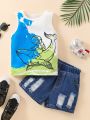 Little Boys' Cartoon Print Sleeveless T-Shirt And Denim Shorts Two-Piece Set