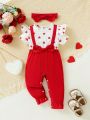 SHEIN 2pcs Baby Girls' Casual Red Heart Print Cute 3d Bow Knot Jumpsuit, Fit For Spring And Summer, Ideal For Valentine's Day