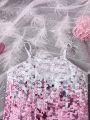 SHEIN Kids FANZEY Young Girl's Glitter Effect Printed Spaghetti Strap Dress