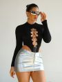 SHEIN ICON Women'S Stand Collar Rhinestone Decor Chain Belted Long Sleeve Bodysuit