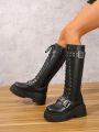 Women's Fashionable Zipper & Lace Up Platform Wedge Heel Casual Boots, Autumn/winter New Arrival,tall Boots