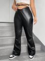 SHEIN Coolane Plus Size Pu Leather Pants With V-Waist Belt