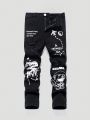 SHEIN Boys' Casual Mid-waist Printed Slim Fit Jeans With Elastic Waistband And Printed Pattern On Denim