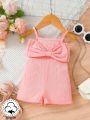 Baby Girls' Pink Bow Knotknot Decor Elegant And Romantic Cami Romper For Spring And Summer