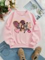 Girls' Casual Cartoon Pattern Sweatshirt With Long Sleeves And Round Collar, Suitable For Autumn And Winter