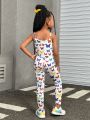 SHEIN Girls' Sweet And Cool Knitted Bodycon Jumpsuit With Butterfly Print For Daily Wear