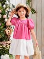 SHEIN Kids SUNSHNE Young Girls' Weave Contrast Color Loose Fit Casual Dress With Round Neckline And Puff Sleeves