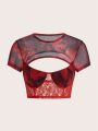 SHEIN ICON Ladies Hollow Out Lace Splice Cropped T-Shirt