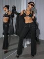 SHEIN ICON Women's Slim Fit Ultra-cropped Cami Top & Metal Buckle Detail Long Pants Fake Two Piece Set