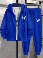 Men's Plus Size Hoodie And Pants Set With Letter Print