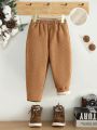 SHEIN Young Boy Slogan Patched Detail Dual Pocket Teddy Lined Corduroy Pants