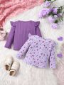 Baby Girl Ruffle Floral Solid Color Long-Sleeved T-Shirt Two-Piece Set