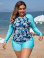 SHEIN Swim Classy Plus Size Women's Tropical Printed Raglan Sleeve Top And Shorts Swimsuit Set