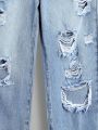 SHEIN Teenage Boys' Loose Casual Washed Denim Jeans With Destroyed Cat Whisker Design, Suitable For Spring, Summer, Autumn