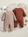 SHEIN Baby Boys' Long Sleeves Jumpsuit With Pure Color, 2pcs/Set Casual Home Wear