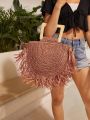 SHEIN VCAY Raw Hem Braided Ladies Khaki Woven Straw Tote Bag