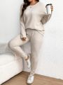 SHEIN Frenchy Plus Size Drop Shoulder Ribbed Knit T-Shirt And Leggings Set