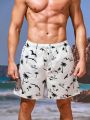 Men's Tropical Print Drawstring Waist Beach Shorts