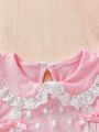 Baby Girl Pink Lace Romper With Doll Collar And Bowknot For Spring/Summer