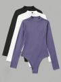 SHEIN Essnce 3pcs Solid Mock Neck Ribbed Knit Bodysuit
