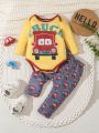 Baby Boy Car & Letter Graphic Contrast Binding Bodysuit & Pants