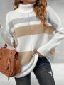 Plus Size Color Block Turtleneck Pullover Sweater With Long Sleeves