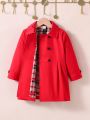 SHEIN Kids EVRYDAY Girls' Casual Long Sleeve Double Breasted Plaid Coat, Perfect For Autumn And Winter Windproof Outfit