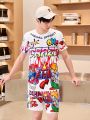 2pcs/Set Street-Style Teen Boy Casual Outfit With Letter & Cartoon Character Print T-Shirt And Shorts