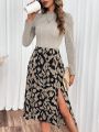 SHEIN Frenchy Solid Color Long Sleeve T-shirt And High Slit Midi Skirt Set