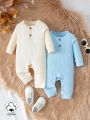 SHEIN 2pcs/set Baby Boys' Casual Comfortable Simple Long-sleeved Bodysuit For Daily & Home Wear, Spring