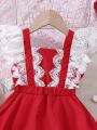 SHEIN Kids FANZEY Toddler Girls' Romantic Lace Splicing Flower Edge Dress