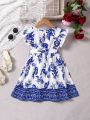 SHEIN Kids SUNSHNE Young Girl's Porcelain Patterned Vacation Style Cap Sleeve Dress For Summer