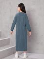 SHEIN Tween Girls' Vintage Loose Fit Round Neck Ribbed Drop Shoulder Side Split Maxi Dress