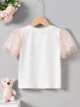 SHEIN Kids QTFun Toddler Girls' Round Neck Double Layered Sparkly Mesh Ruffle Sleeve Printed T-Shirt With Patchwork