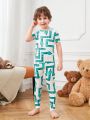 Tween Boys' Simple And Cute Snake Print Short Sleeve T-Shirt And Long Pants Casual Two Piece, Tight-Fitting Home Clothing