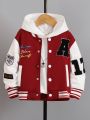 SHEIN Kids HYPEME Young Boy Letter Patched Striped Trim Drop Shoulder Varsity Jacket Without Hoodie